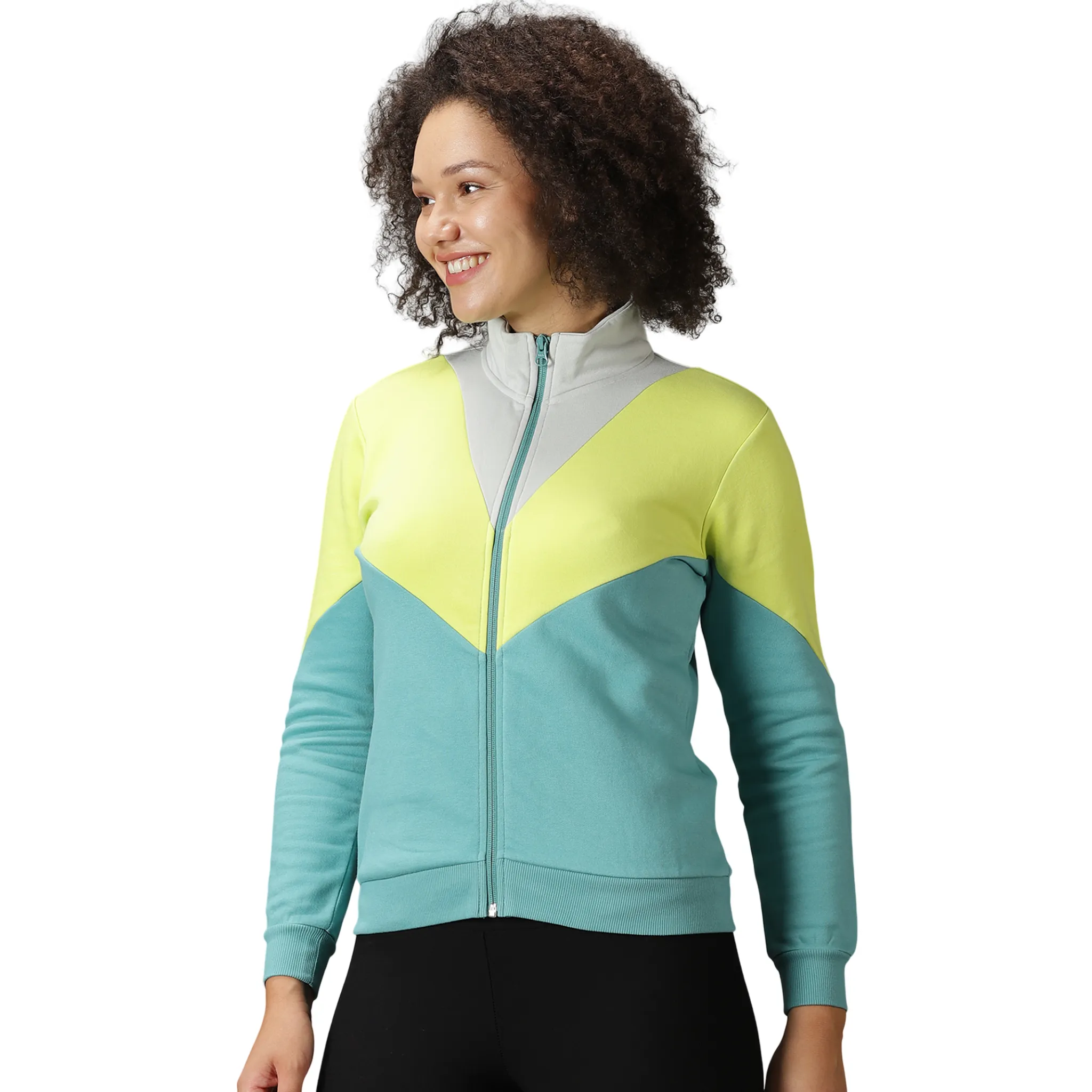 Women's Colour Block Jacket with Zipper closure.
